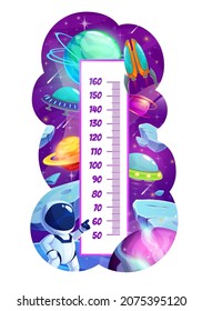 Kids height chart astronaut and galaxy planets growth measure meter. Cartoon vector wall sticker with cute cosmonaut and ufo saucers in space. Children height measurement scale with spaceman character