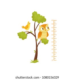 Kids Height Chart And Birds Sitting On Branches Of Tree. Scale Of Growth. Decorative Wall Sticker For Children Room. Flat Vector Design