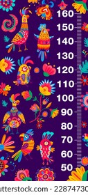 Kids height chart with Brazilian parrots and flowers. Kids growth centimeter scale, children height vector measure ruler or child growth meter with Brazilian or Mexican jungle colorful, ornate birds