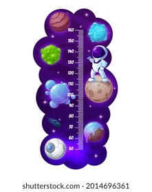 Kids height chart, cartoon astronaut and space planets growth meter. Vector wall sticker for children height measurement with scale, galaxy, cute spaceman character, shining stars and falling meteor