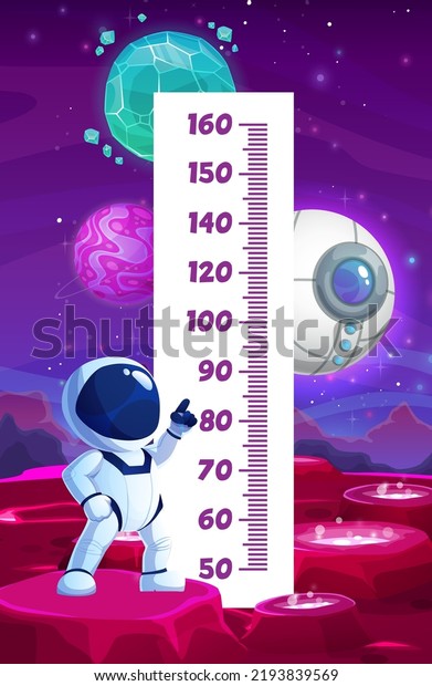 Kids height chart with cartoon astronaut on\
planet surface in space, vector growth measure ruler. Child height\
scale meter with spaceman character in spacesuit and alien galaxy\
planets or satellites