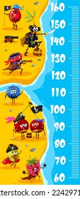 Kids height chart. Cartoon berry pirates and corsairs on treasure island. Kids growth measure vector ruler with rosehip, raspberry and blueberry, elderberry, blackberry and cherry twins