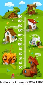 Kids height chart with cartoon fairy homes dwellings. Growth measure chart with fantasy creatures houses, stump, boot and pumpkin hut o dugout. Height measure ruler or growth meter vector wall poster