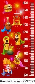 Kids height chart, cartoon fast food mage and wizard characters, vector growth meter. Baby tall size measure ruler with cheeseburger mage, pizza, fries warlock and burrito sorcerer with magic wand