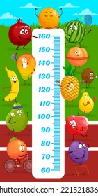 Kids height chart cartoon fruits on stadium field growth meter. Vector ruler scale with characters mandarin, watermelon, peach and kiwi. Pineapple, quince, apple, plum, pear, banana, mango and garnet