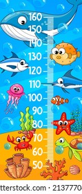 Kids height chart cartoon funny underwater animals and fish. Vector ruler sticker of children growth measure meter on blue sea background. Kids stadiometer height chart with crab, whale and sea turtle