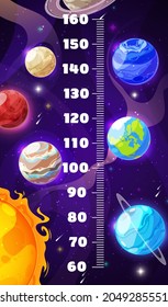 Kids height chart, cartoon galaxy space planets, vector growth measure ruler. Kids height chart or baby scale with galaxy space planets, sun, moon and earth or Saturn in asteroids and meteors sky