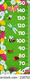 Kids height chart, cartoon insect characters on summer meadow vector ruler scale. Children growth chart and height measure meter with funny butterfly, ant, bee, dragonfly and bug, bumblebee and beetle