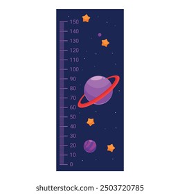 Kids height chart with cartoon planets and stars, measuring scale from zero to 150 centimeters