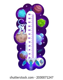 Kids Height Chart With Cartoon Space Rockets And Astronauts, Vector Growth Meter. Kids Height Chart Or Baby Measure Scale With Spaceship Shuttle And Spaceman, Planets And Rockets In Galaxy Space