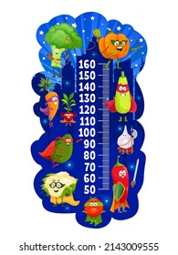 Kids height chart, cartoon vegetable superheroes growth vector meter. Children growth measure ruler on background of night city with brave tomato, pepper, broccoli and radish, capes and masks