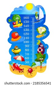 Kids height chart. Cartoon vegetables on summer beach leisure, vector growth ruler with cauliflower on surfboard, cucumber on windsurfing, radish and spinach, tomato and eggplant, broccoli and avocado