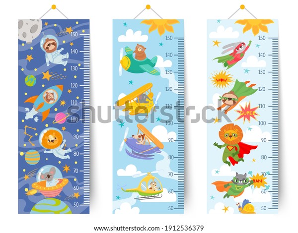 Kids height chart. Cartoon wall ruler for\
children with animals astronaut in space, pilots in sky and\
superheroes, sticker meter vector set. Growth measurement at school\
or kindergarten