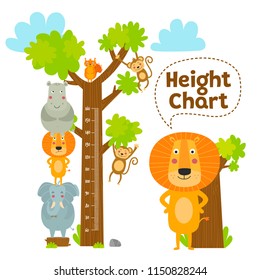 Kids height chart. Celebrate the growth of children. The child grows. African animals vector illustration.
