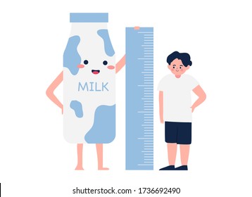 Kids height chart with character milk. Happy cute kid boy measure height together with kawaii milk Cartoon Illustration