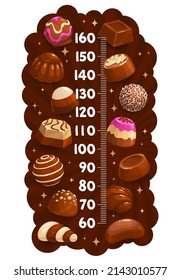 Kids height chart with chocolate marzipan, truffle, praline, nougat, roasted nuts candy sweets. Children growth measure meter ruler scale with chocolate praline candies, coconut flakes and cream