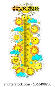 Kids height chart with collection of cute sun,summer time,Cartoon Vector illustration