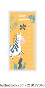 Kids height chart concept. Beautiful yellow ruler with cute zebra, chameleon on branch and tropical leaves. Growth measurement equipment. Cartoon flat vector illustration isolated on white background