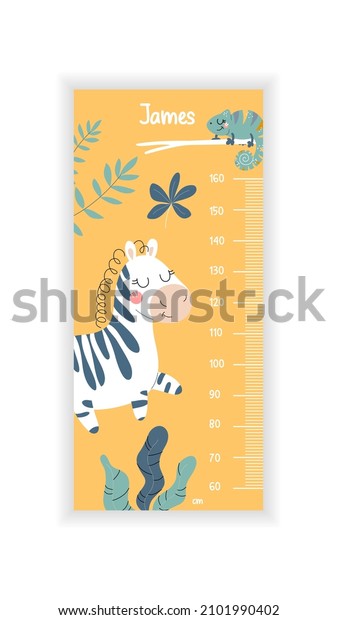 Kids height chart concept. Beautiful yellow\
ruler with cute zebra, chameleon on branch and tropical leaves.\
Growth measurement equipment. Cartoon flat vector illustration\
isolated on white\
background