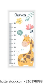 Kids height chart concept. Cute white ruler with smiling giraffe, flowers, branches and name Charlotte. Tool for measuring growth. Cartoon flat vector illustration isolated on white background