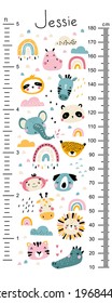Kids height chart with cute animal faces and rainbows in the clouds. Cute vector illustration in simple hand-drawn cartoon Scandinavian style. Limited palette. Childish meter wall for nursery design