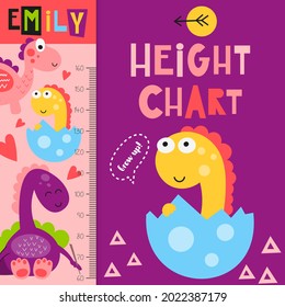 Kids height chart with cute baby dinosaur. Heights for school, kindergarten, nursery design. Vector illustration.