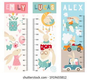 Kids height chart with cute bunnies in cartoon style. Vector Illustration. Childish meter wall for nursery design with funny rabbits. Great for girl and boy.