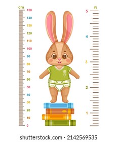 Kids height chart with cute bunny, children growth measuring. Meter wall ruler. Funny baby rabbit cartoon character on book stack. Child growing stadiometer scale for kindergarten or school. Vector