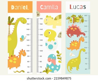 Kids height chart with cute dinosaur, dino, jungle plants in doodle cartoon style. Vector Illustration. Childish meter wall for nursery design with dinosaurs. Great for girl and boy.