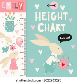 Kids height chart with cute forest animals. Heights for school, kindergarten, nursery design. Vector illustration. Woodland animals. Funny bunny.