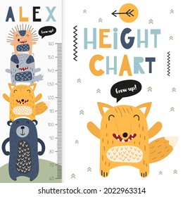 Kids height chart with cute forest animals. Heights for school, kindergarten, nursery design. Vector illustration. Fox, bear, badger, hedgehog.