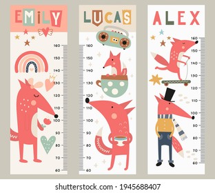 Kids height chart with cute fox in boho style. Vector Illustration. Childish meter wall for nursery design with funny foxes. Great for girl and boy.