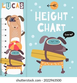 Gráfica de altura de los niños con perros graciosos adorables. Alturas escolares, jardines de infancia, diseño de guarderías. Ilustración vectorial.