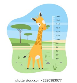 Kids height chart with cute giraffe vector illustration. Cartoon African animal with long neck and ruler to measure height of preschool child, stadiometer with millimeter scale for kindergartens wall
