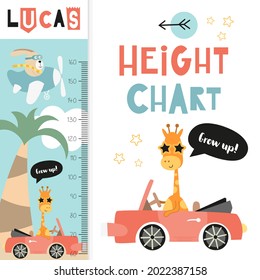 Kids height chart with cute jungle animals. Heights for school, kindergarten, nursery design. Vector illustration. Height scale with bunny, giraffe.