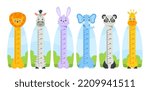 Kids Height Chart with Cute Lion, Zebra, Rabbit, Elephant, Panda, Giraffe Animals Characters. Children Growth Meter, Wall Sticker For Height Measurement Funny Rulers. Cartoon Vector Illustration
