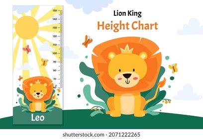 Gráfica de la altura de los niños con un lindo personaje de león. Ilustración aislada de vectores con un animal divertido sobre un fondo brillante
