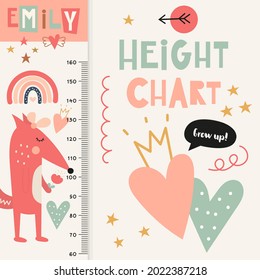 Kids height chart with cute little fox. Heights for school, kindergarten, nursery design. Vector illustration. Forest animals.