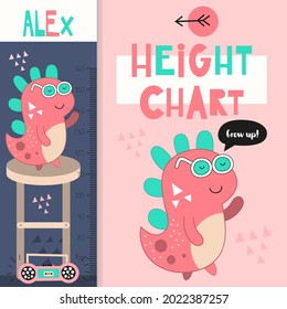 Kids height chart with cute little dinosaur. Heights for school, kindergarten, nursery design. Vector illustration. Music dino.