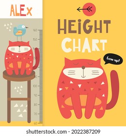 Gráfica de la altura de los niños con un lindo gato rojo. Alturas escolares, jardines de infancia, diseño de guarderías. Ilustración vectorial. Mascotas divertidas.