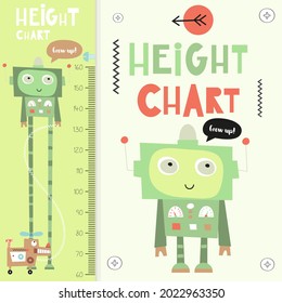 Gráfica de altura de los niños con un lindo robot retro. Alturas escolares, jardines de infancia, diseño de guarderías. Ilustración vectorial.