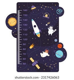 Kids height chart with cute space animals vector illustration. Cartoon funny cat and bear in spacesuit flying among rocket and satellite, comet and planets of outer space, kindergarden wall ruler