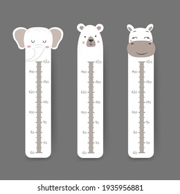 Kids height chart. Cute wall meter with funny animals. Vector template. Cartoon zoo. Design of children products in scandinavian style.