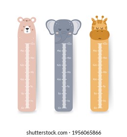 Kids height chart. Cute wall meter with boho animals. Vector template. Cartoon zoo. Design of children products in scandinavian style.