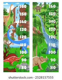 Gráfico de altura para niños con dinosaurios y divertido dino de dibujos animados en el parque jurásico, fondo de Vector. Los niños miden la Regla con lindos dinosaurios prehistóricos y reptiles lagarto en la selva