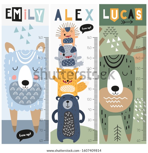 Kids height chart with forest animals in\
doodle cartoon style. Vector Illustration. Childish meter wall for\
nursery design. Great for girl and\
boy.