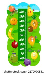 Kids height chart of fruits in sport competition and fitness. Growth measure meter vector ruler scale with funny cartoon mango, orange, pineapple, lemon characters, stadiometer with fruity personages