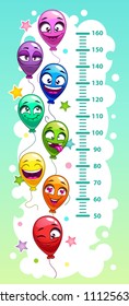 Kids height chart with funny cartoon colorful air balloons. Emoji style scale. Vector illustration.