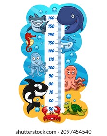 Gráfica de altura de los niños con graciosos y lindos animales marinos. Gestor del medidor de crecimiento vectorial con escala de medida y caricatura de ballena, pulpo, cangrejo y tortuga marina, delfín, ballena asesina, caballito de mar y medusas