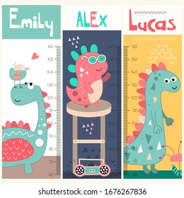 Kids height chart with funny dinosaurs in doodle cartoon style. Vector Illustration. Childish meter wall for nursery design with cute dino. Great for girl and boy. Mint and pink colors.